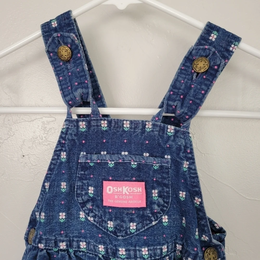 OshKosh B'gosh Vintage Overalls Toddler Girl 4T Blue Denim Embroidered Tulips 90